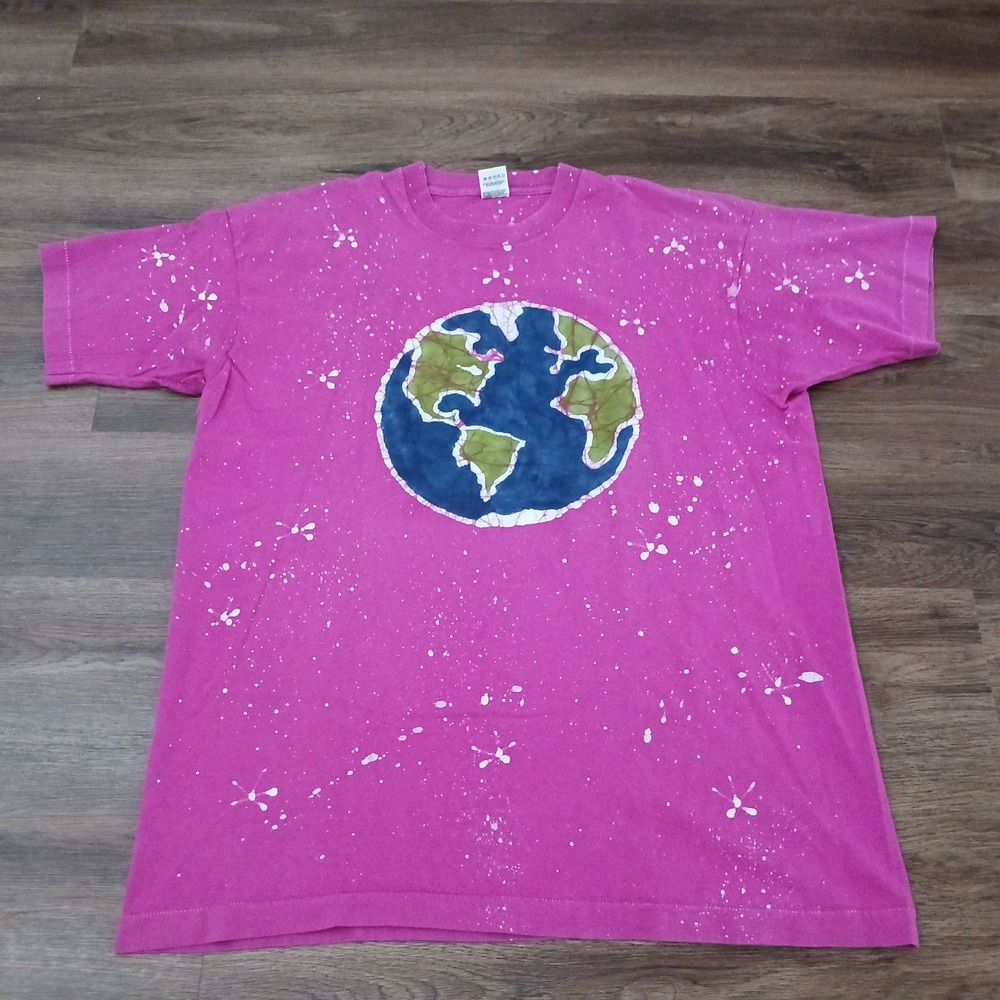 Vintage 90s Fruit of the Loom Earth Batik Splatter T-Shirt XL Pink Single Stitch